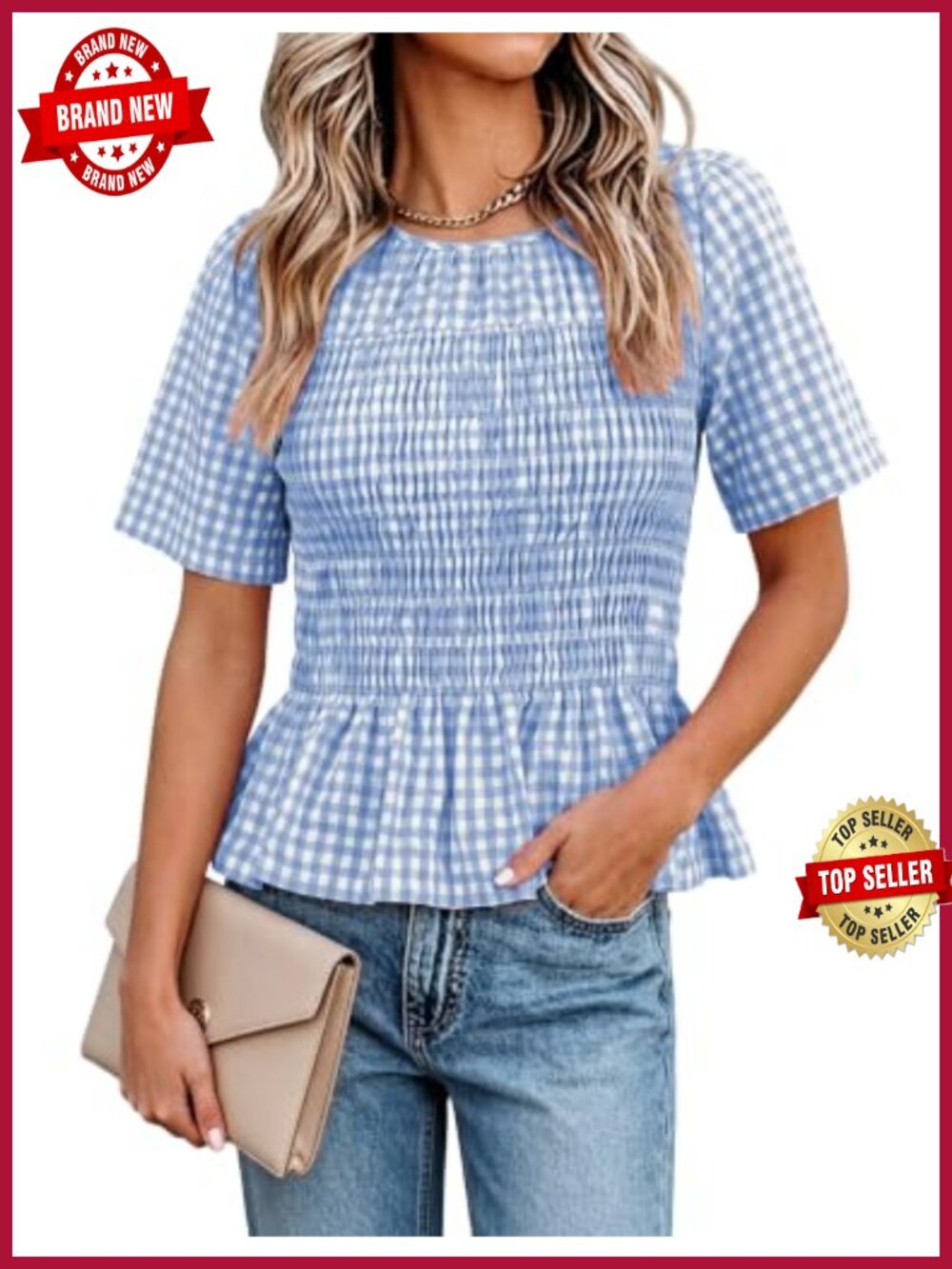Smocked Gingham Peplum Blouse Puff Sleeve Crewneck Babydoll Top Ruffle Hem